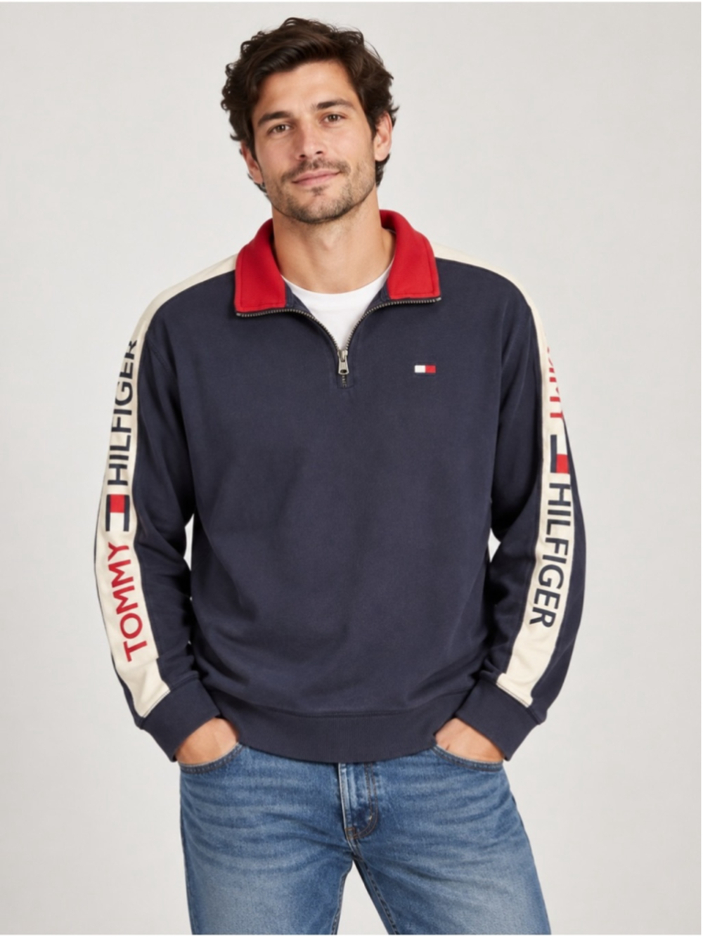 Tommy Hilfiger Navy Zip-Up Sweater with Red Collar and Cream Sleeve Stripes XL